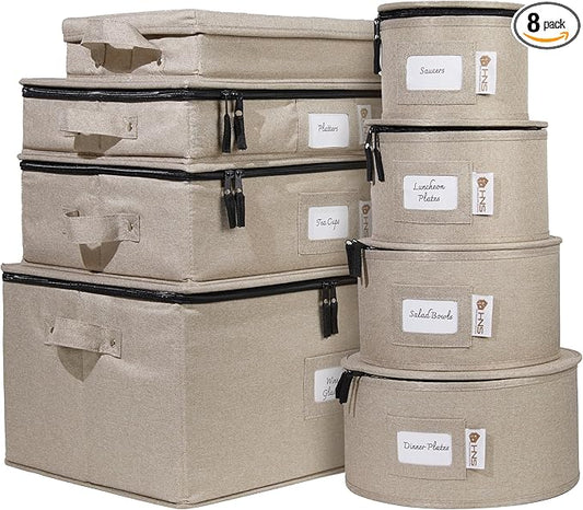 China Storage Hard Shell Containers 8-Piece Set Moving Boxes for Dinnerware, Glasses, Plates, Mugs and Saucers Sturdy Dish Organizer with Dividers for Seasonal Storage - Service for 12 - Brown
