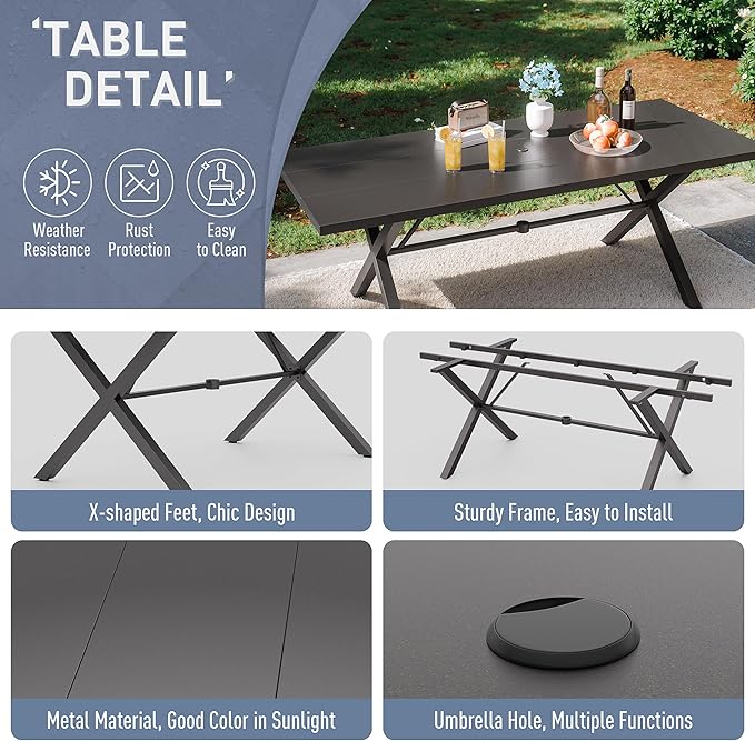 Kurapika 9-Piece Patio Dining Set, Patio Furniture Set for 8, Outdoor Large Metal Table with Umbrella Hole and Textilene Chairs, for Garden, Deck, Porch, Pool All Weather, Brown