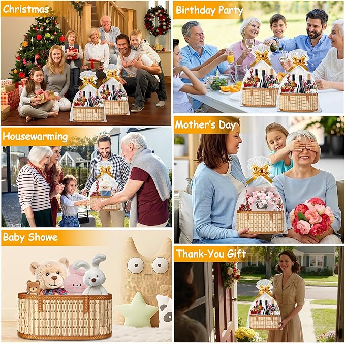 1 Set Baskets for Gifts Empty, Large Bamboo Gift Basket with Handle, Foldable Reusable Decorative Woven Basket for Christmas, Baby Shower, Mother's Day, Housewarming, Wedding