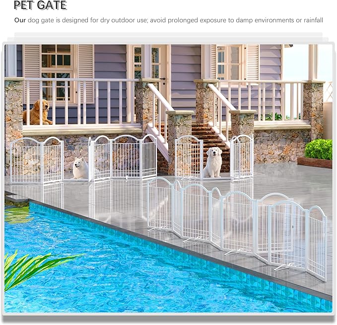 4NM Metal No Drilling Expandable Dog Gate, Extra Wide 96", Extra Tall 32" Free Standing Pet Gate with Door, Gates for Dogs Outdoor or Indoor, with 3PCS Support - White