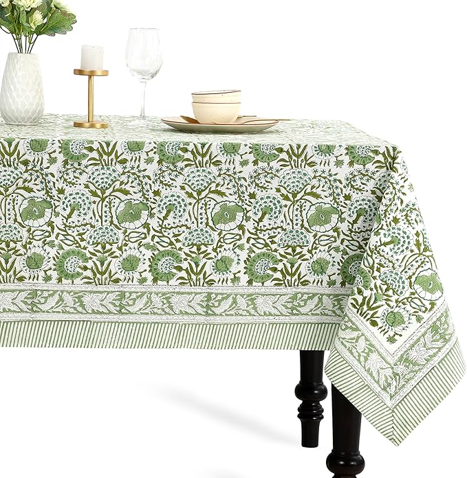 CPC Tablecloth 100% Cotton 70x108 Inch Indian Block Print Rectangle Table Cover, Green Table Cloth for Weddings, Spring/Summer, Barbeque - Agate Green