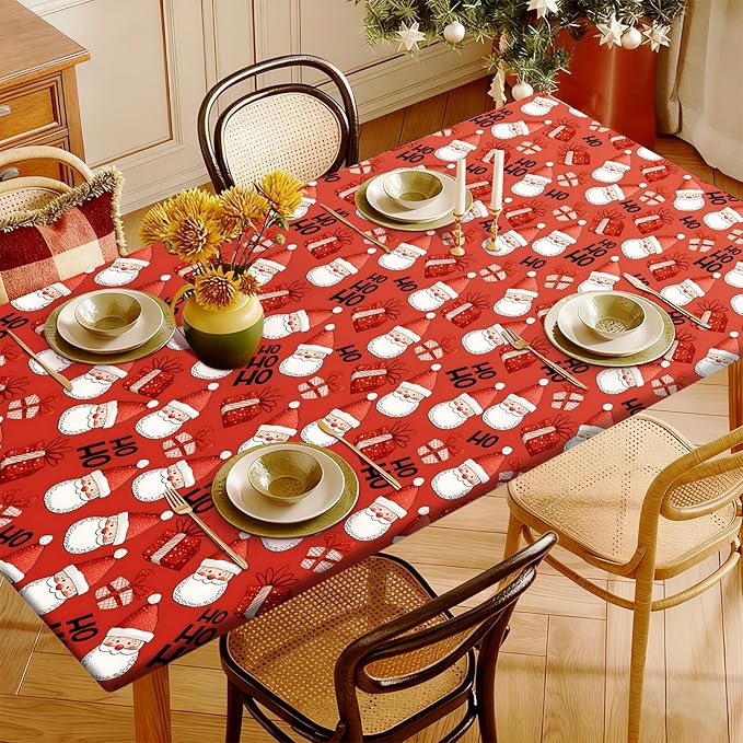 Rectangle Table Cloth Cover Waterproof Elastic Fitted Polyester Fitted Tablecloths for 8 Foot Tables for Indoor,Picnic, Camping, Outdoor （96" x 30"，Christmas Tablecloth）