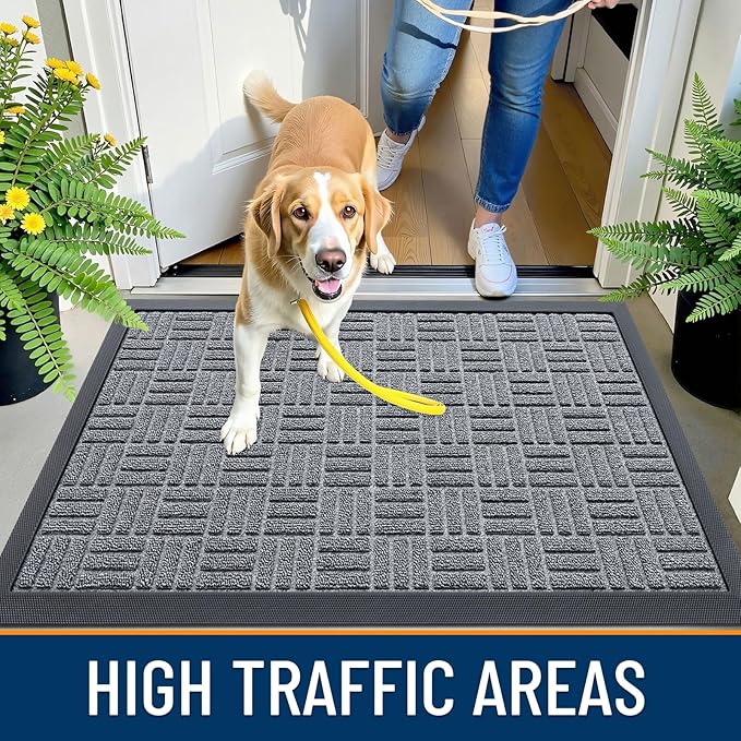 OLANLY Front Door Mat Outside Entrance 29.5x17, Absorbent, Heavy Duty Natural Rubber Doormat Indoor Outdoor, Non-Slip, Stain and Fade Resistant, Low Profile Floor Mat for Entryway, Charcoal Gray