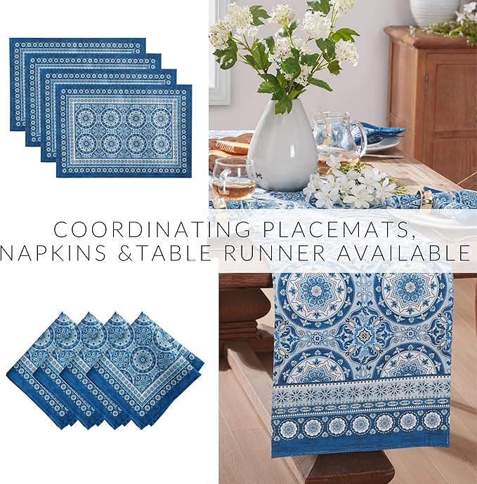 Elrene Home Fashions Vietri Medallion Blue Coastal Block Print Stain & Water Resistant Indoor/Outdoor Fabric Rectangle Tablecloth, 60"x120"