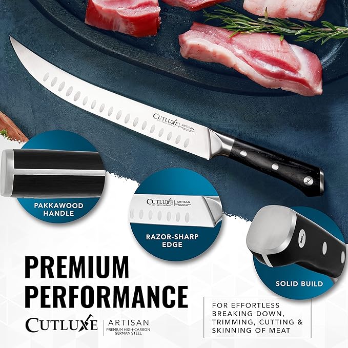 Cutluxe Butcher Knife – 10″ Cimeter Breaking Knife, Razor Sharp Forged High Carbon German Steel, Full Tang Meat Carving Knife, Ergonomic Handle Design, Grilling Gifts for Men – Artisan Series