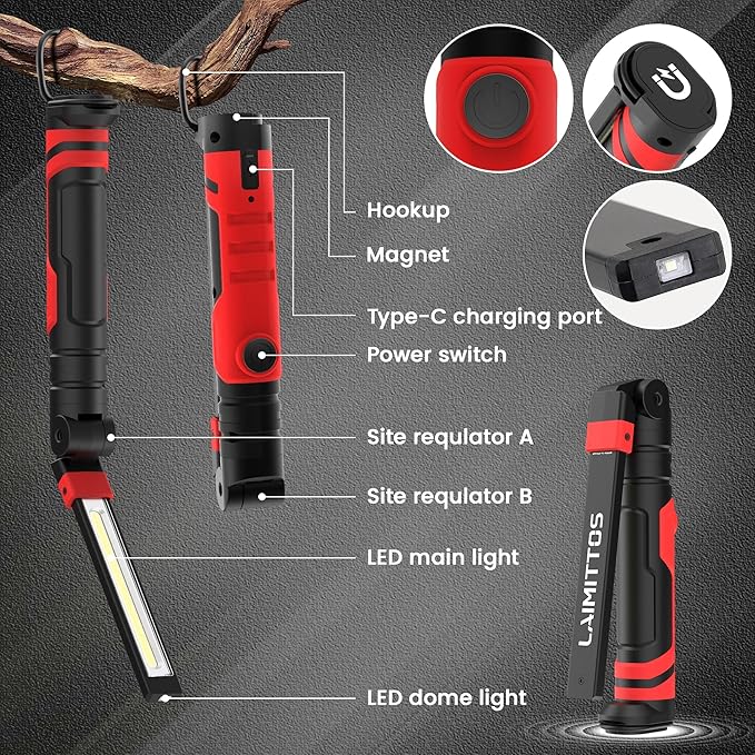 Rechargeable LED Work Light, Magnetic Flashlight Mechanic Light Tool for Men Him, Foldable Lamp with Hook for Car Repair Emergency BBQ Grill (2 Pack)