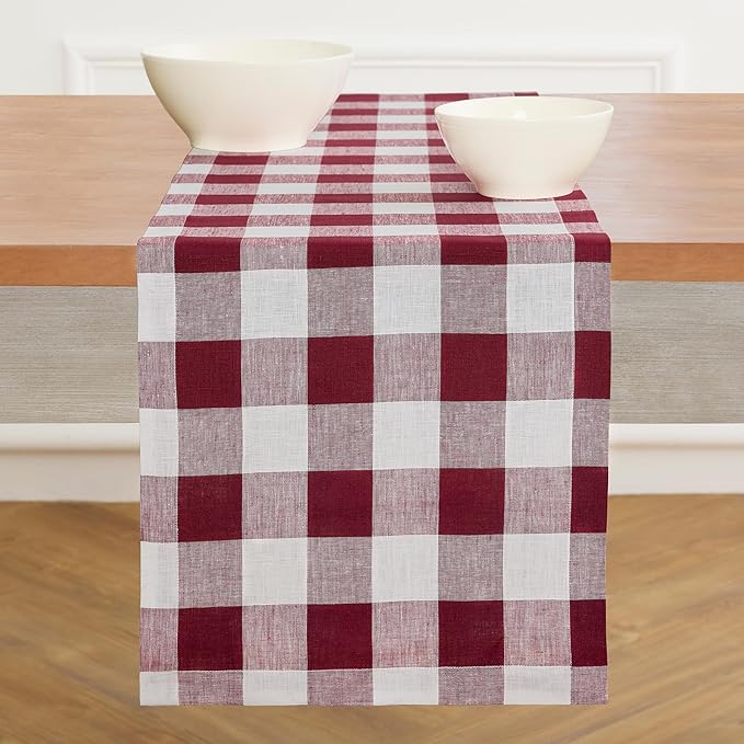 Solino Home Checkered Table Runner 36 Inches - 100% Pure Linen Burgundy and White Buffalo Check Table Runner 14 x 36 Inch Ideal for Dresser and Coffee Tables - Valentines