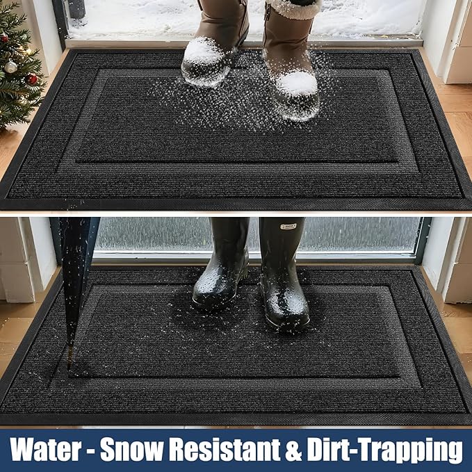Front Door Mat Outside Entrance Indoor Doormat, 31" x 20" Outdoor Mats for Patio Waterproof, Outdoor Door Mats for Outside Entry, Indoor Rugs for Entryway, Sturdy Natural Rubber Entry Mat, Black