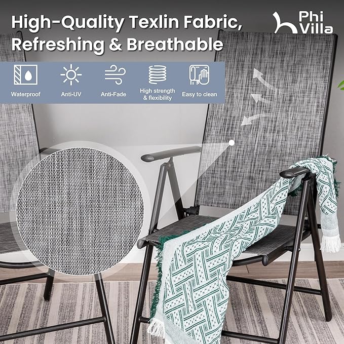 PHI VILLA 9 Piece Patio Dining Set, Outdoor Table and Chairs Set with Adjustable Portable Patio Folding Chairs (Grey) & Large Square Outdoor Dining Table for Yard, Garden and Lawn