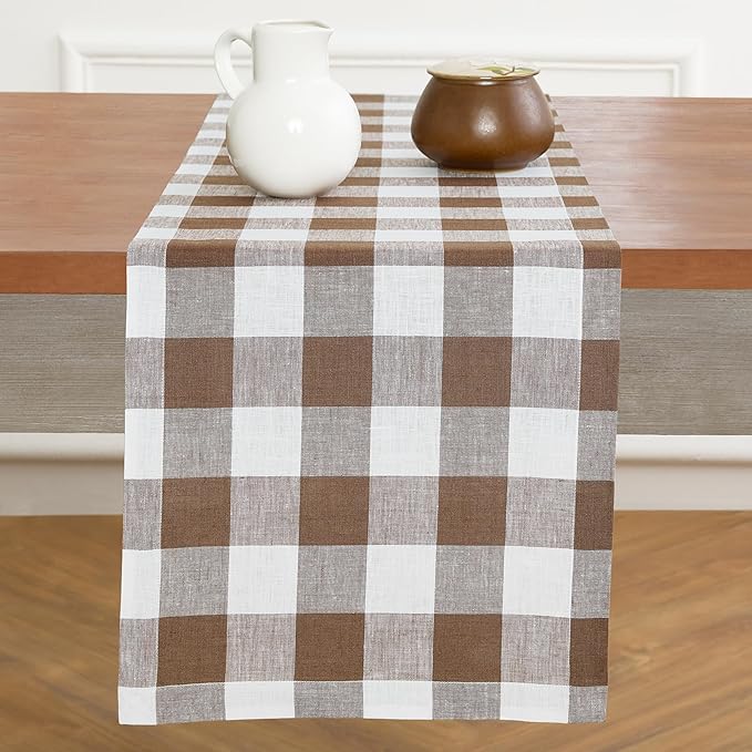 Solino Home Checkered Table Runners 72 Inches Long - 100% Pure Linen Coco Brown and White Buffalo Check Table Runner 14 x 72 Inch Ideal for Dresser, Dining