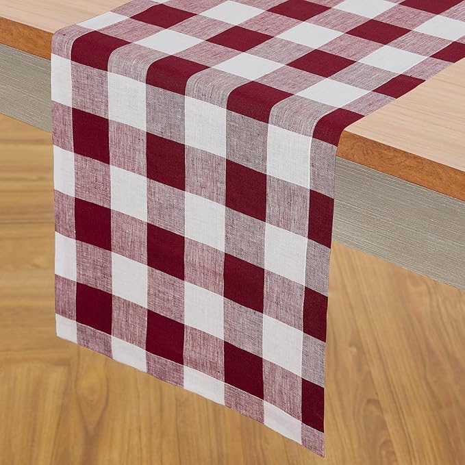 Solino Home Checkered Table Runner 36 Inches - 100% Pure Linen Burgundy and White Buffalo Check Table Runner 14 x 36 Inch Ideal for Dresser and Coffee Tables - Valentines