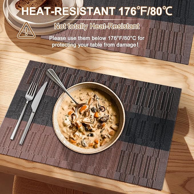 BETEAM Placemats Set of 6, Woven Vinyl Placemat for Dining Table Washable Wipeable Kitchen Place Mats Durable Indoor Outdoor Table Mats