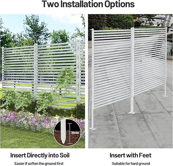 Outdoor Privacy Screen Fence with Feet Stand 4FT x 6FT, Freestanding Fence Privacy Screen for Outside, Metal Pipes and Slats Panels Divider Stake for Garden Patio Balcony Backyard White