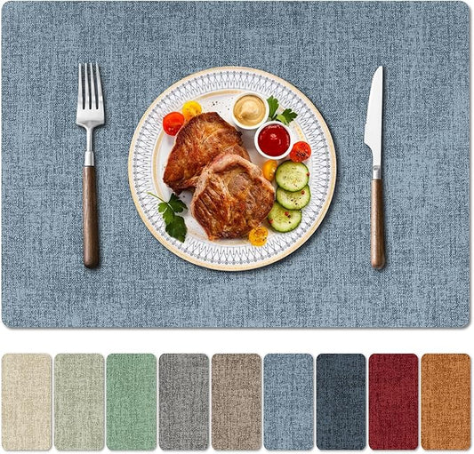 Faux Leather Heat Resistant Placemats Set of 6 – Waterproof Oilproof Wipeable Dining PU Vinyl Place Mat Easy Clean Table Mats for Kitchen/Dining/Party/Holiday, Blue