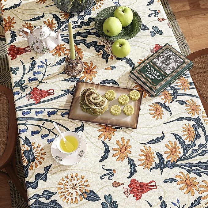French Vintage Small Rectangular Tablecloth,Linen Tablecloth with Gold and Red Floral Pattern,Decorative Table Cover for Kitchen,Dining,Thanksgiving,Party,Farmhouse,55" × 71"-Tijuana