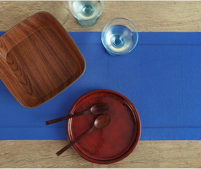 Solino Home Linen Royal Blue Table Runner 108 Inches Long - 100% Pure Linen 14 x 108 Inch Table Runner for Winter, Spring - Classic Hemstitch