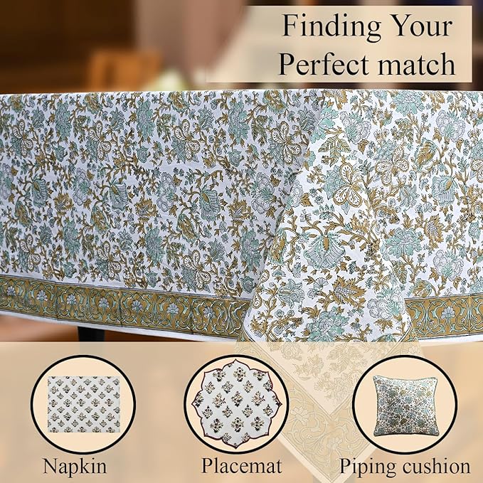 CPC Tablecloth 100% Cotton 60x60 Inch Indian Block Print Square Table Cover, Table Cloth for Weddings, Spring/Summer, Barbeque - Harvest Bloom
