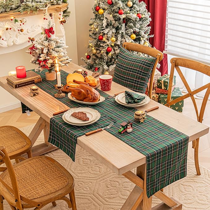Green Blue Plaid Christmas Table Runner, Winter Holiday Table Runners 90 inches Long, Xmas Decorations Indoor Outdoor Farmhouse Home Kitchen Dining Party Decor