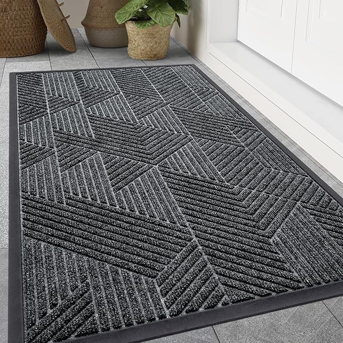 Smiry Front Door Mat Outside Entrance, Heavy Duty Sturdy Natural Rubber Doormat, Trap Dirt and Moisture, Easy Clean Low Profile Mats for Indoor Outdoor Entry, Irregular Triangle (71x47, Grey)