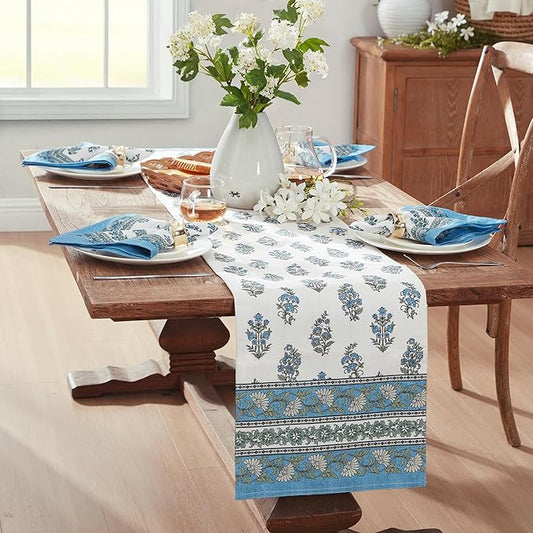 Elrene Home Fashions Tropez Paisley Block Print Coastal Stain & Water Resistant Indoor/Outdoor Table or Console Runner, 13"x70"