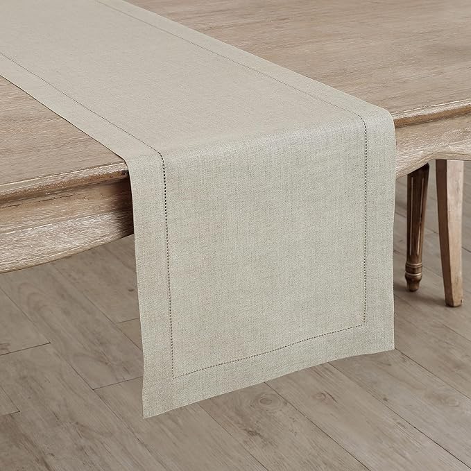 Solino Home Linen Natural Table Runner 60 Inches - Classic Hemstitch, 100% Pure Linen Coffee Table Runner 14 x 60 Inch Ideal for Dresser Tables - Spring, Easter