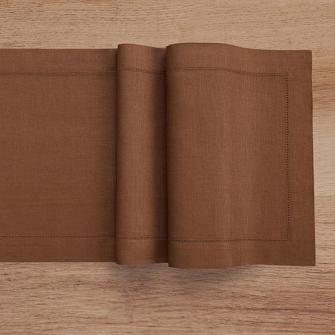 Solino Home Linen Brown Table Runner 72 Inches Long - 100% Pure Linen Hemstitch Table Runner 14 x 72 Inch for Dresser, Dining - Classic Hemstitch
