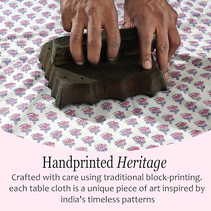 CPC Tablecloth 100% Cotton 60x90 Inch Indian Block Print Rectangle Table Cover, Washable Table Cloth for WeddingsSpring/Summer, Barbeque - Pink Sapphire