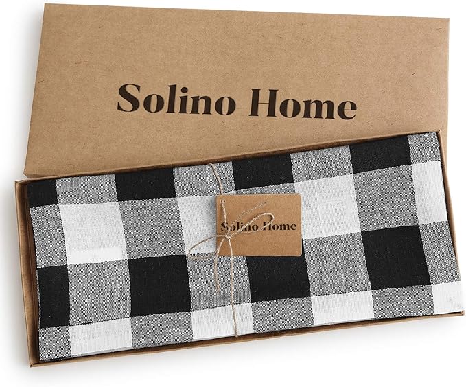 Solino Home Linen Checkered Table Runner 108 Inches Long - 100% Pure Linen Black and White Buffalo Check Table Runner 14 x 108 Inch Ideal for Dining