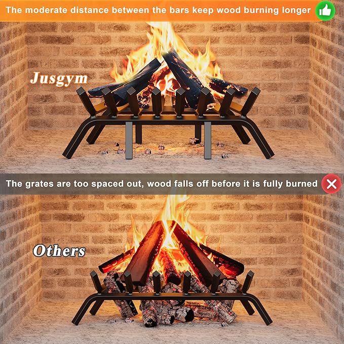 Fireplace Grate 24 Inch with 8 Support Legs, Solid Steel Heavy Duty Fireplace Log Holder with Fire Log Tongs & Fire Poker, Fireplace Log Grate for Indoor Fireplace and Outdoor In-ground Firepit