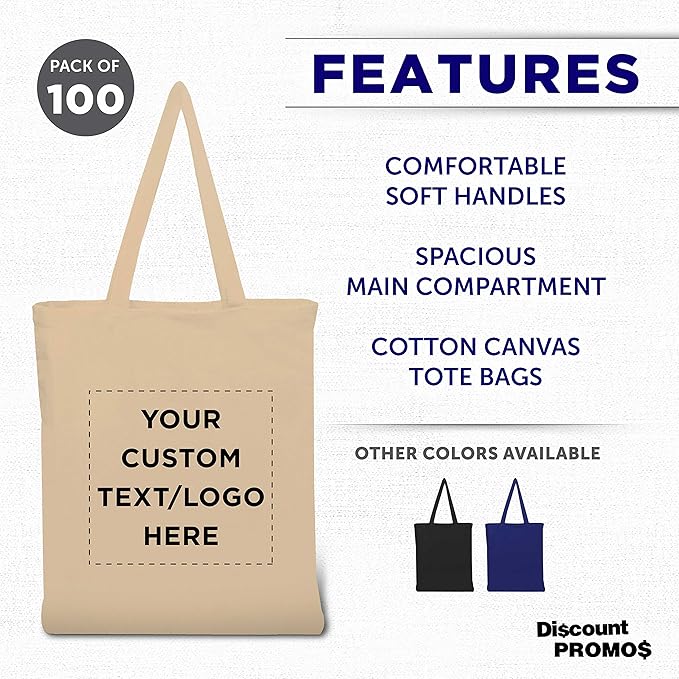 DISCOUNT PROMOS Custom Cotton Canvas Tote Bags Set of 100, Personalized Bulk Pack - Reusable, Great for Shopping, Grocery, Beach, Picnic, Wedding Favors - Natural