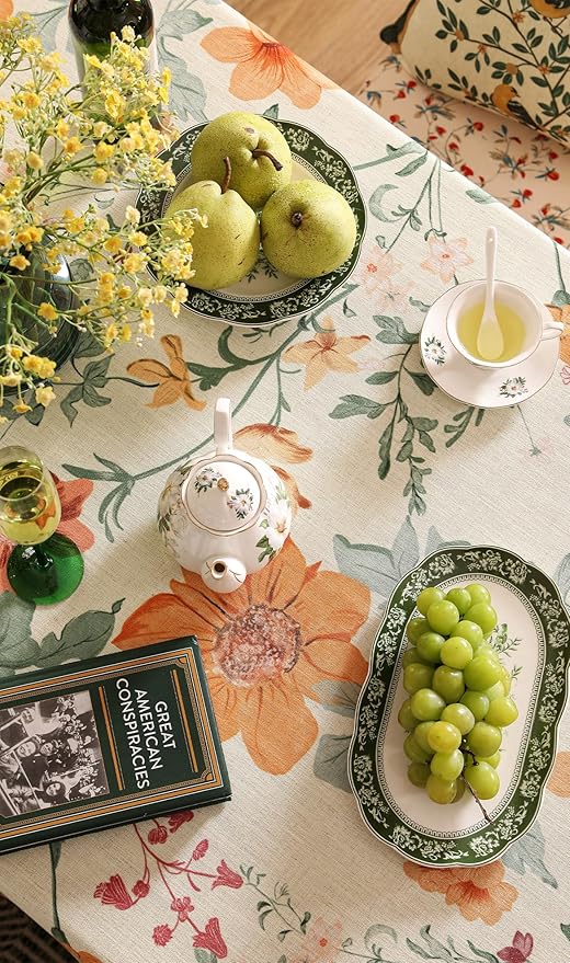 French Long Tablecloth for Rectangle Table,Linen Orange Floral Wrinkle Resistant Tablecloths,Decor Table Cover for Kitchen,Dining,Tea Party,Thanksgiving,Christmas,63"*102"-Milch