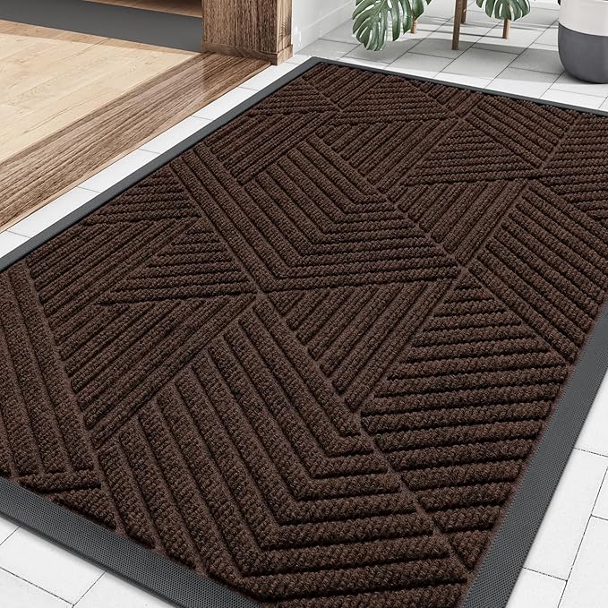 Smiry Front Door Mat Outside Entrance, Heavy Duty Sturdy Natural Rubber Doormat, Trap Dirt and Moisture, Easy Clean Low Profile Mats for Indoor Outdoor Entry, Irregular Triangle (36x24, Dark Brown)