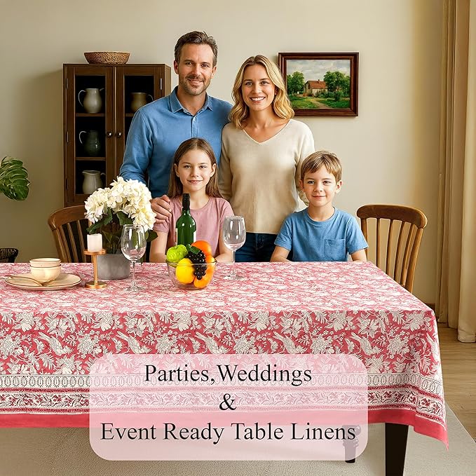 CPC Cotton Tablecloth 80x120 Inch Rectangle Indian Block Print Tablecloth- Pink Washable Wedding Table Cover for Thanksgiving/Christmas- Pink Coral