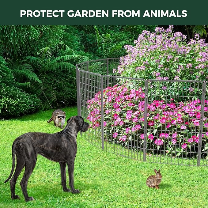 FXW Garden Fence Outdoor for The Yard – 50in(H) x 20.8ft(L) Heavy Duty Metal Animal Barrier for Dog and Rabbit, Decorative Dog Fence, 8 Panels, Silver