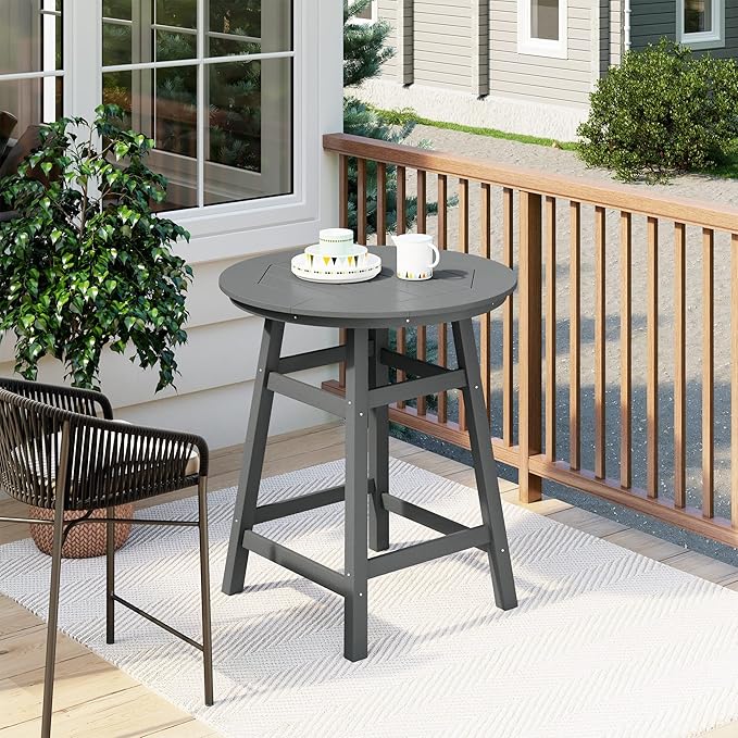 Costaelm Patio Bistro Table, 37" Counter Height Round Patio Cocktail Bar Table with Umbrella Hole, Outdoor Bistro Dining Pub Table for Front Porch Deck Backyard Garden, Gray