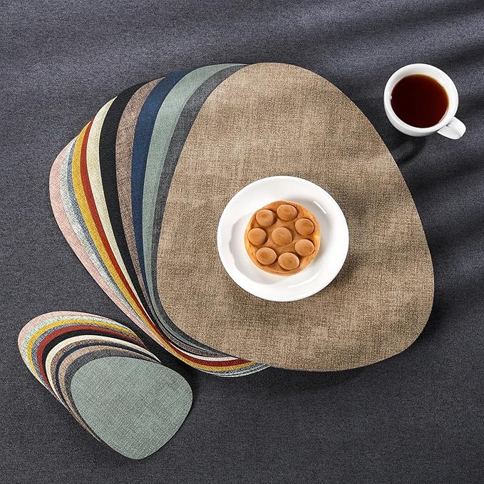 Placemats and Coasters, Washable Reversible Placemats Round Faux Leather Wipeable Place Mats Non Slip Heat Resistant Indoor Outdoor Table Mats (Set of 6, Cream Black)