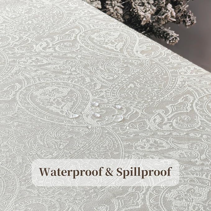 70"x140" Jacquard Fabric Tablecloth, Waterproof Table Cloth Rectangle Tables, Heavy Weight Large Dining Table Cover for Dining Room, Wedding, Parties - Milky White
