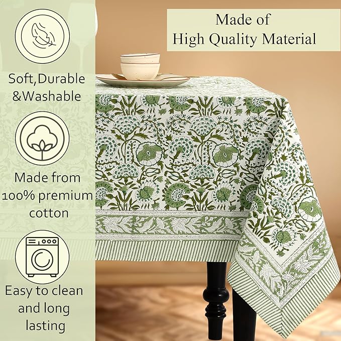 CPC Tablecloth 100% Cotton 60x60 Inch Indian Block Print Square Table Cover, Table Cloth for Weddings, Spring/Summer, Barbeque - Agate Green