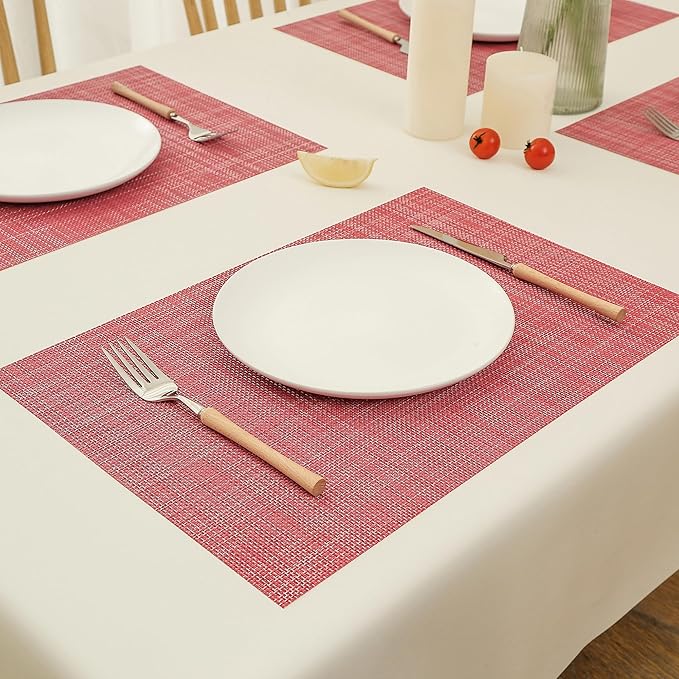 Leetaltree Red Placemats Set of 8 - Heat Resistant Non-Slip Place mats for Dining Table, Washable Durable PVC Vinyl Woven Table Mats（Red, 8）