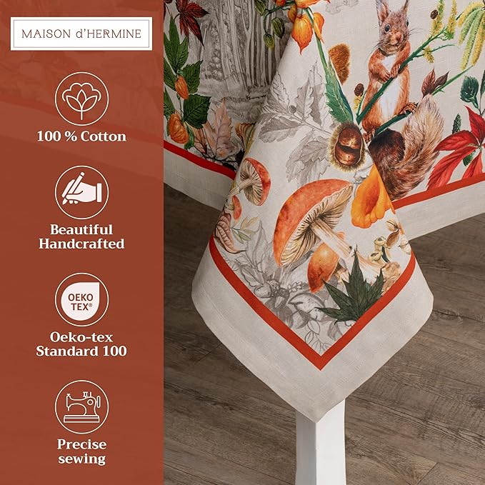 Maison d' Hermine Table Cloth Rectangle Table 100% Cotton 70 x 90 Inches Fall Tablecloth Reusable Everyday Use for Thanksgiving Christmas Decorations Dining Farmhouse Party (Recolte)