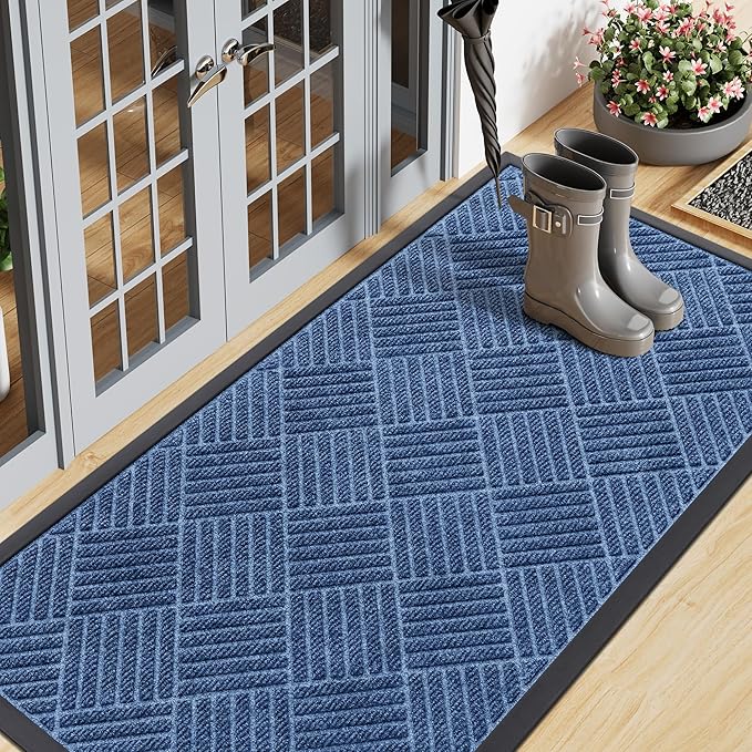Smiry Front Door Mat Outside Entrance, Heavy Duty Outdoor Indoor Mat, Natural Rubber Doormat, Non Slip, Trap Dirt and Moisture, Easy Clean, Low Profile Patio Porch Entryway Mat, 59x23, Blue