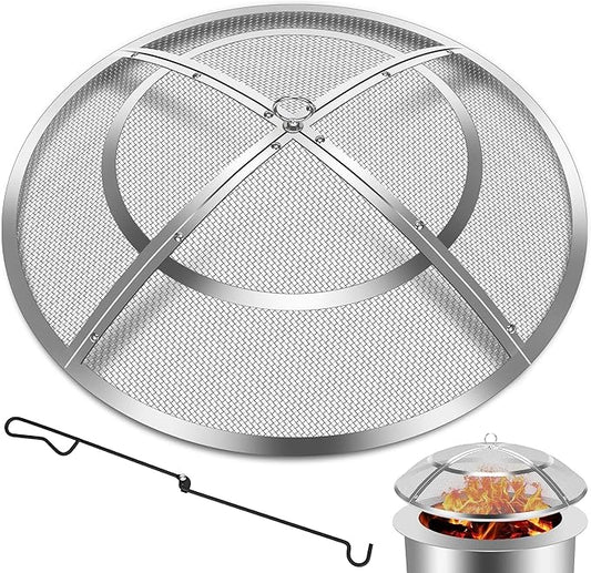 Fire Pit Spark Screen,40 Inch Fire Pit Screen Cover Stainless Steel Outdoor with Handle&Poker,Firepit Screens Cover Round Mesh Lid Heavy-Duty Steel Replacement for Backyard/Beach/RV Camping