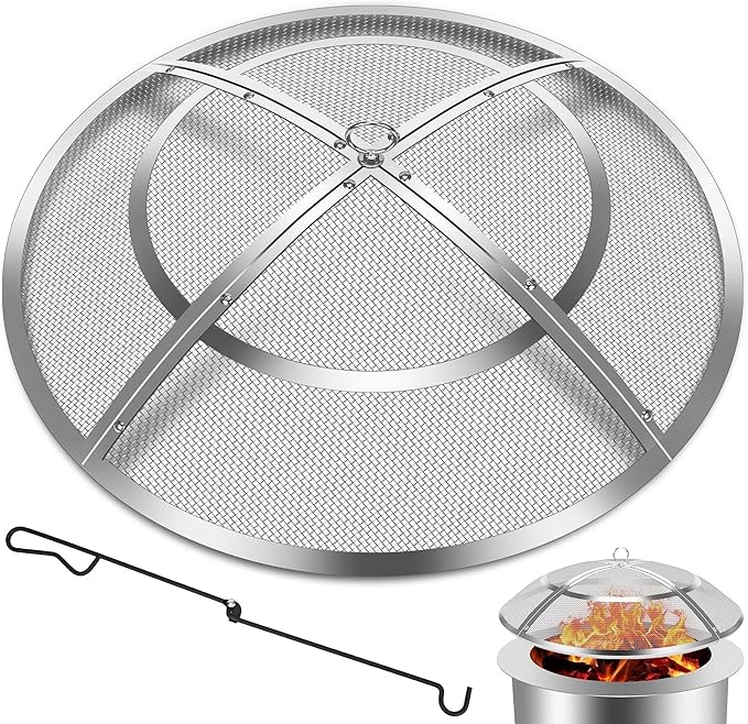 Fire Pit Spark Screen,27 Inch Fire Pit Screen Cover Stainless Steel Outdoor with Handle&Poker,Firepit Screens Cover Round Mesh Lid Heavy-Duty Steel Replacement for Backyard/Beach/RV Camping
