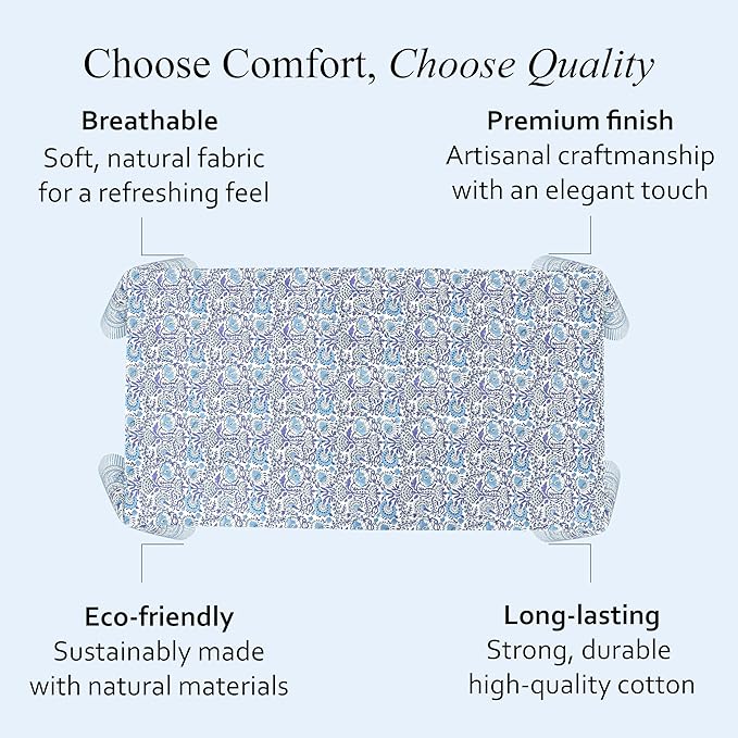 CPC Tablecloth 100% Cotton 60x60 Inch Indian Block Print Square Table Cover, Table Cloth for Weddings, Spring/Summer, Barbeque - Indigo Blue