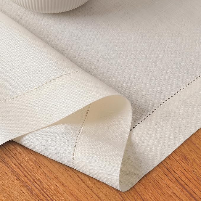 D'Moksha Homes Linen Ivory Table Runner 120 Inches Long - 100% Pure Linen Hemstitch 14 x 120 Inch Table Runner for Dining, Valentines, Spring, Easter - Classic Hemstitch