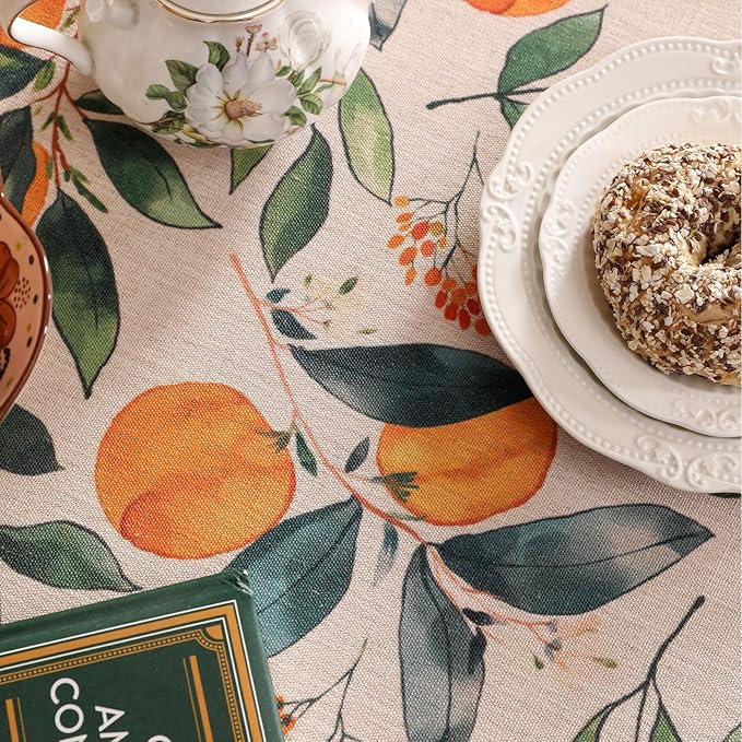 patdrea Designer Linen Small Round Table Cloth,Vintage Framhouse Oranges and Leaves Pattern Tablecloth,Decor Table Cover for Kitchen Dining Christmas,Thanksgiving,Party,Diameter 55"-Palladin a