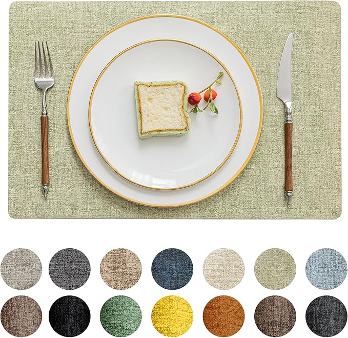 Romanstile Vinyl Placemats Set of 8-12 X 17 Inch - Heat Resistant Place Mats 100% Waterproof Oilproof Wipeable Reversible Faux Leather Table Mats for Kitchen, Dining, Party, Outdoor, Grass Green