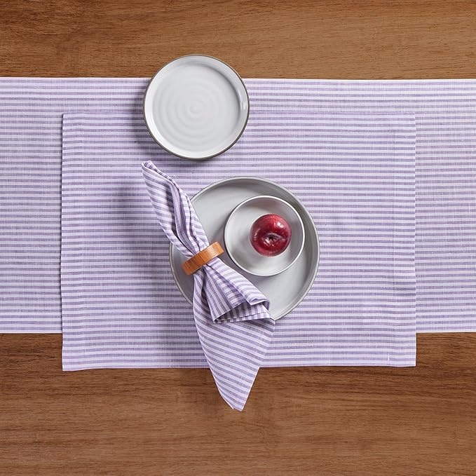 Solino Home Linen Striped Table Runner 132 Inches Long - Narrow Stripe 100% Pure Linen Lavender and White Dining Table Runner 14 x 132 Inch for Valentines, Spring, Easter