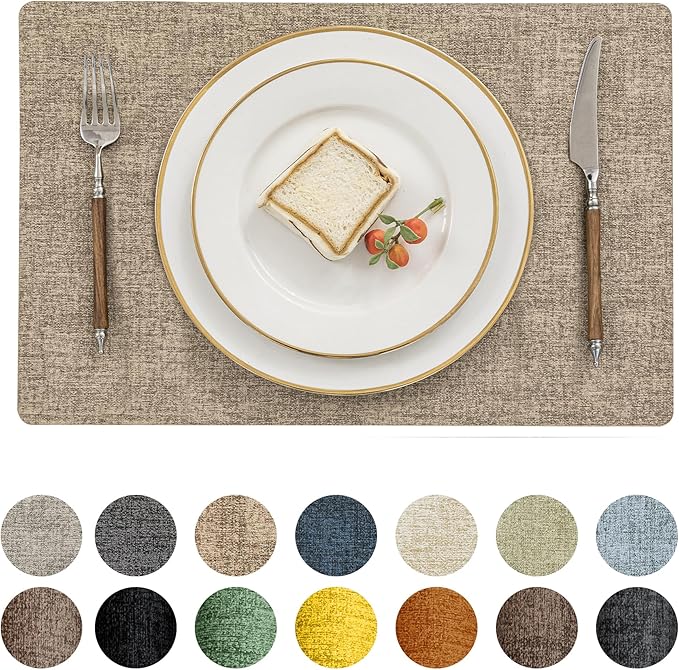 Romanstile Vinyl Placemats Set of 8-12 X 17 Inch - Heat Resistant Place Mats 100% Waterproof Oilproof Wipeable Reversible Faux Leather Table Mats for Kitchen, Dining, Party, Outdoor, Khaki