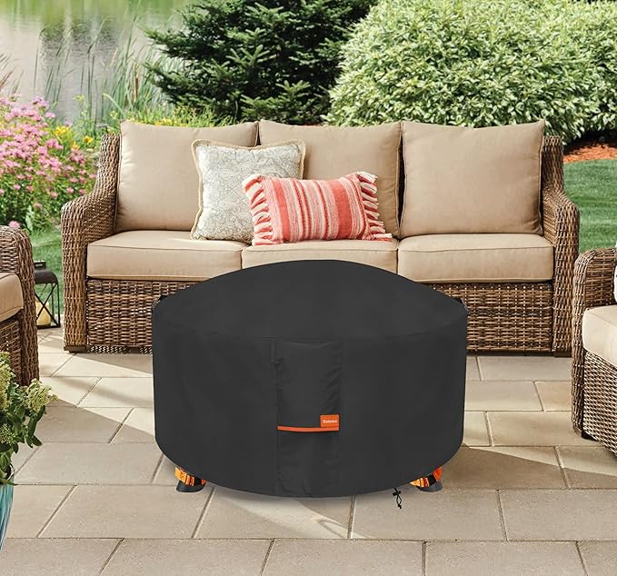 Fire Pit Cover,Outdoor Heavy Duty 600D 100% Waterproof Fire Pit Cover Round,Weatherproof Firepit Covers Round 34" Dia x 15" H,Black